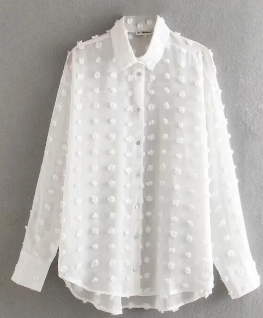 new women fashion dot stitching casual chiffon blouse shirt women long sleeve chic blusas perspective white chemise tops LS3725