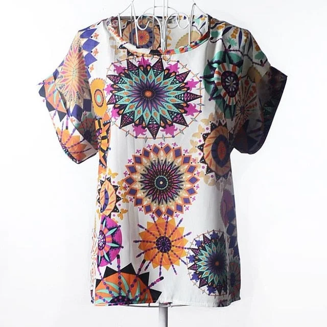 Print O-Neck Tropical Chiffon Women Blouses Short Batwing Sleeve  Size Shirt Body Blusas Femininas  Fashion Women Top 62