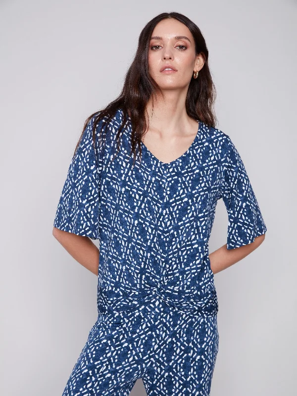 Short-Sleeved Printed Top with Front Knot - Indigo