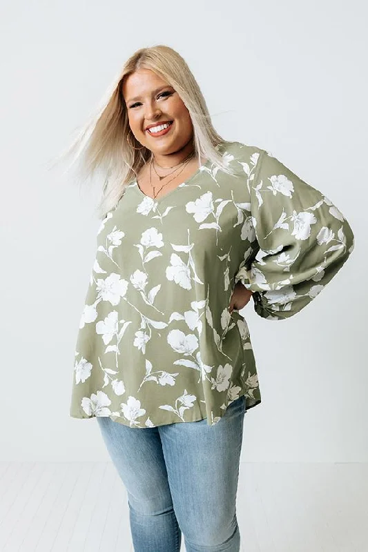 Loose Light Sage Floral Shift Top Long Sleeves Blouse