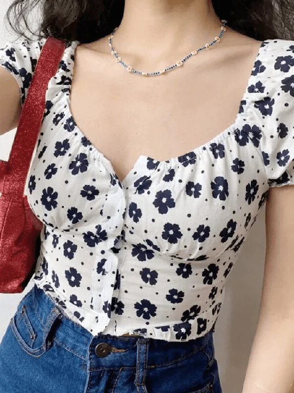 BerryBetty - Smock Floral Cropped Short Sleeve Blouse