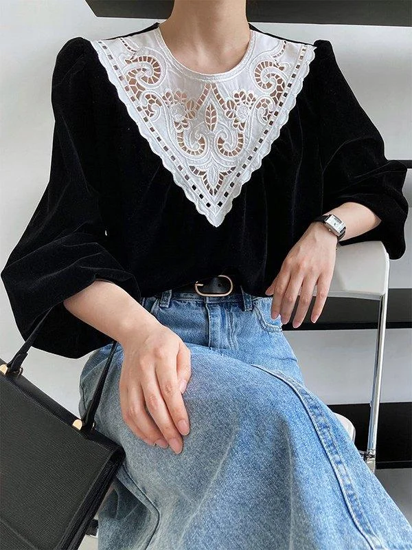 Urban Puff Sleeves Hollow Split-Joint Round-Neck Blouse Top