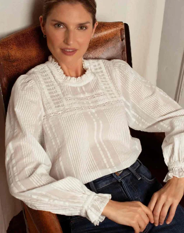 White Ruby Blouse with Pintucks at Neck and Hem | Seersucker and Lace Details