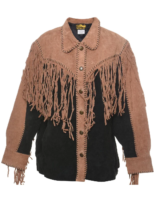 Fringed Black & Tan Contrast Bob Mackie Suede Jacket - XL