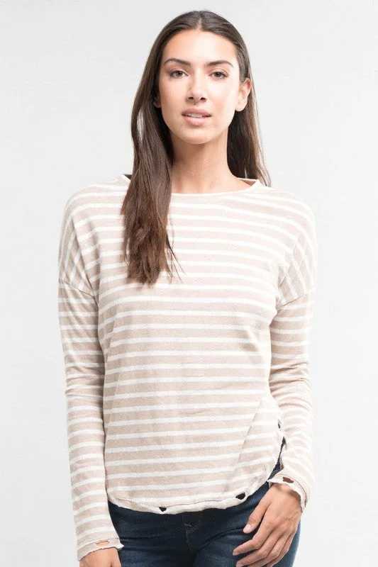 Long Sleeve Distressed Stripe Top Sand/Ivory