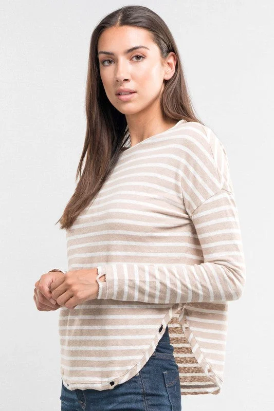 Long Sleeve Distressed Stripe Top Sand/Ivory