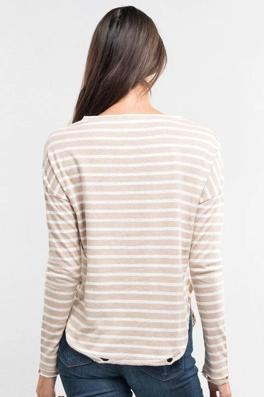 Long Sleeve Distressed Stripe Top Sand/Ivory