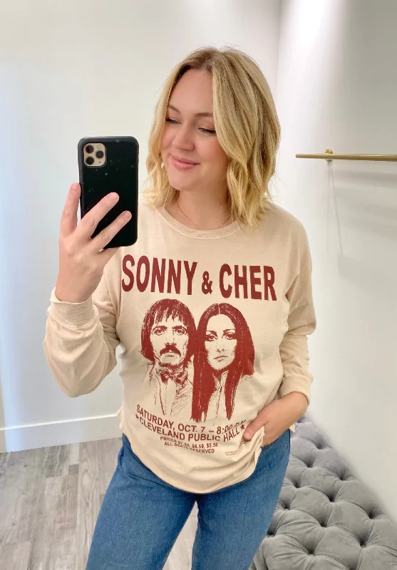 Sonny & Cher Long Sleeve Graphic Tee Tan